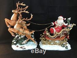 2003 Grandeur Noel Porcelain Santa in Sleigh and Reindeer Set GORGEOUS