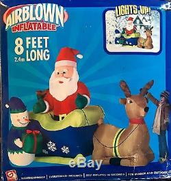 2004 NIB 8' Airblown Inflatable Santa In Sleigh With Reindeer Snowman GEMMY
