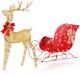 2pcs Set Christmas Lighted Reindeer & Sleigh, 4ft Gold Xmas Light-up Santa Sleig