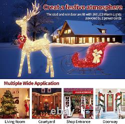 2PCS Set Christmas Lighted Reindeer & Sleigh, 4FT Gold Xmas Light-Up Santa Sleig