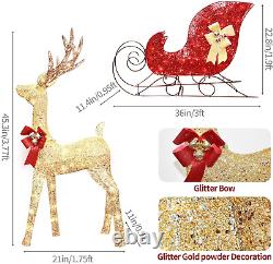 2PCS Set Christmas Lighted Reindeer & Sleigh, 4FT Gold Xmas Light-Up Santa Sleig