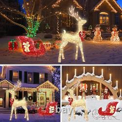 2PCS Set Christmas Lighted Reindeer & Sleigh, 4FT Gold Xmas Light-Up Santa Sleig