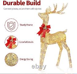 2PCS Set Christmas Lighted Reindeer & Sleigh, 4FT Gold Xmas Light-Up Santa Sleig