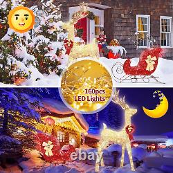 2PCS Set Christmas Lighted Reindeer & Sleigh, 4FT Gold Xmas Light-Up Santa Sleig