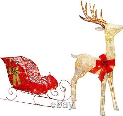 2PCS Set Christmas Lighted Reindeer & Sleigh, 4FT Gold Xmas Light-Up Santa Sleig