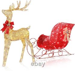2PCS Set Christmas Lighted Reindeer & Sleigh, 4FT Gold Xmas Light-Up Santa Sleig