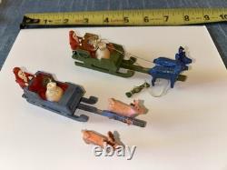 2 Erzgebirge Santa Reindeer Sleigh Putz Wood Germany Antique c1920 Christmas Lot