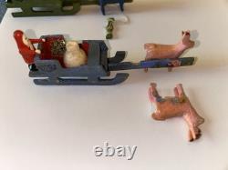2 Erzgebirge Santa Reindeer Sleigh Putz Wood Germany Antique c1920 Christmas Lot