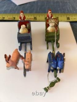 2 Erzgebirge Santa Reindeer Sleigh Putz Wood Germany Antique c1920 Christmas Lot