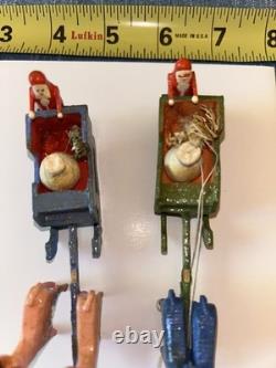 2 Erzgebirge Santa Reindeer Sleigh Putz Wood Germany Antique c1920 Christmas Lot