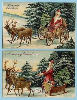2 German Embossed SANTA Postcards Reindeer Pull Hay Wagon & Sleigh SERIES 6908