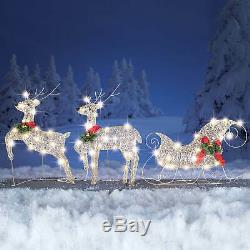 3 PC Reindeer And Santa Sleigh Set Outdoor Lighted Christmas Decoration Silver