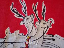 47x54 CHRISTMAS TABLECLOTH 1940s Santa Sleigh Rudolph Reindeer Montgomery Ward