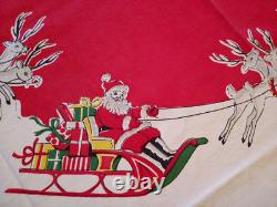 47x54 CHRISTMAS TABLECLOTH 1940s Santa Sleigh Rudolph Reindeer Montgomery Ward