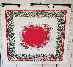 47x54 CHRISTMAS TABLECLOTH 1940s Santa Sleigh Rudolph Reindeer Montgomery Ward