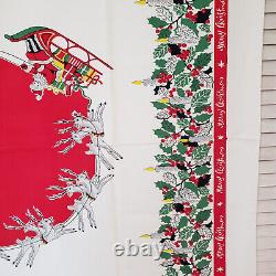 47x54 CHRISTMAS TABLECLOTH 1940s Santa Sleigh Rudolph Reindeer Montgomery Ward