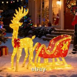4 FT Lighted Christmas Reindeer & Santa Sleigh Set, Family Outdoor Indoor Xma