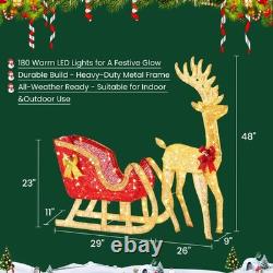 4 FT Lighted Christmas Reindeer & Santa Sleigh Set, Family Outdoor Indoor Xma