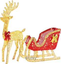 4 FT Lighted Christmas Reindeer & Santa Sleigh Set, Family Outdoor Indoor Xmas P