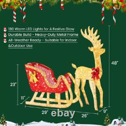 4 FT Lighted Christmas Reindeer Santa Sleigh Set Xmas Pre-Lit Yard Decoration