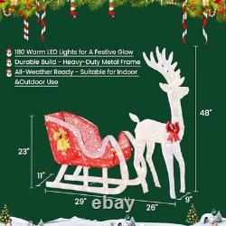 4 FT Lighted Christmas Reindeer & Santa Sleigh White Reindeer-Red Santa Sleigh