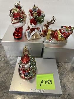 4 Large Blown Glass Santa Nutcracker Sleigh Reindeer Ornaments Valerie Parr Hill