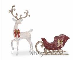 58 LIFESIZE CHRISTMAS REINDEER & SANTA SLEIGH LED LIGHTED YARD DECOR 2 piece