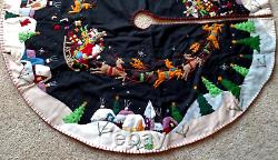 59.5 60 Hand made Wool CHRISTMAS TREE SKIRT SANTA SLEIGH REINDEER Scene