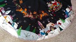59.5 60 Hand made Wool CHRISTMAS TREE SKIRT SANTA SLEIGH REINDEER Scene