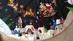 59.5 60 Hand made Wool CHRISTMAS TREE SKIRT SANTA SLEIGH REINDEER Scene