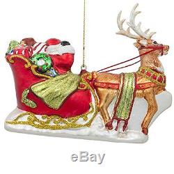 5.75in Santa Claus Sleigh and Reindeer Blown Glass Christmas Ornament, New