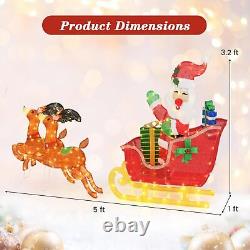 5 FT Christmas Lighted Reindeers with Santa Claus Sleigh, Outdoor Light-up Xm