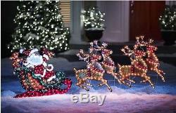 5 Foot Outdoor Lighted Holographic Santa and Reindeer Christmas Sleigh Yard new