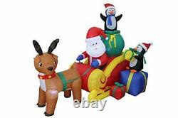 6 Foot Long Christmas Inflatable Santa On Sleigh With Reindeer And Penguins Yard