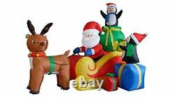 6 Foot Long Christmas Inflatable Santa on Sleigh with Reindeer and Penguins Y