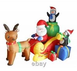 6 Foot Long Christmas Inflatable Santa on Sleigh with Reindeer and Penguins Yard