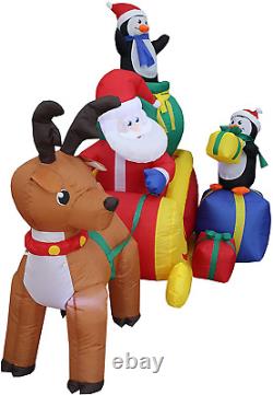 6 Foot Long Christmas Inflatable Santa on Sleigh with Reindeer and Penguins Yard