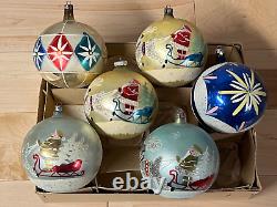 6 Vintage Large 4'' Hand Painted Christmas Ornaments 4 SANTA SLEIGH REINDEER