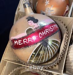 6 Vintage Mercury Glass Handpaint SANTA Sled REINDEER & Angel Christmas Ornament