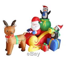 6 ft Long Christmas Inflatable Santa on Sleigh With Reindeer and Penguins Decor