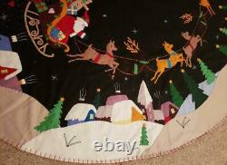 72 Handmade Wool Santa Sleigh Reindeer CHRISTMAS TREE SKIRT Embroidered Beaded