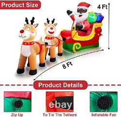 8 Ft Long Christmas Inflatables Black Santa Claus on Sleigh with Reindeer & Gift