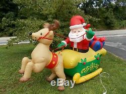 8' Gemmy Holiday Christmas Inflatable Santa withGifts Sleigh & Reindeer 2002 RARE