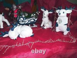 8 Piece Vintage Hand Painted Kimple Mold Santa Sleigh with 7 Reindeer