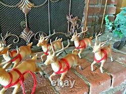 8 Vtg 1950s or 60sHard Plastic Brown Reindeer Santa Sleigh Running Christmas 7