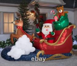 9.5' GEMMY ANIMATED SANTA SLEIGH Airblown Inflatable SANTA WAVES / REINDEER ROCK