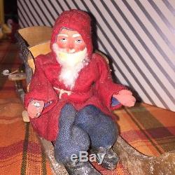 Antique German Clay Face Santa With 4 Reindeer And Sleigh