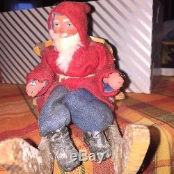 Antique German Clay Face Santa With 4 Reindeer And Sleigh