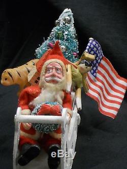 Antique/vintage Santa Sleigh, Reindeer, Bottlebrush Tree, Silk Flag, Japan, Vgc, Nr