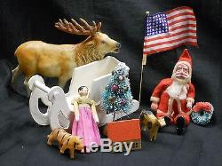 Antique/vintage Santa Sleigh, Reindeer, Bottlebrush Tree, Silk Flag, Japan, Vgc, Nr